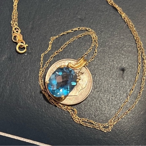 Vintage Solid 10K Gold Blue Topaz diamond pendant plus 10k 18” chain - Picture 10 of 12